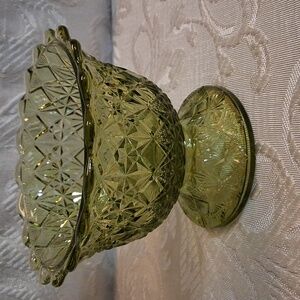 Vtg Fenton Colonial Green Ruffled Rim Pedestal Compote/Candy Dish